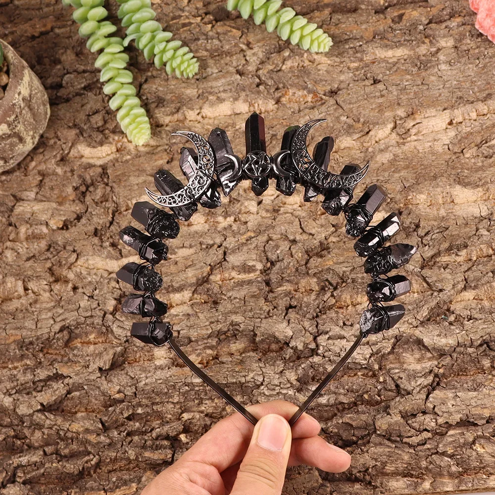 Black Quartz Moon Raw Crystal Goddess Witch Headpiece Women Girls Wiccan Cosplay Crown