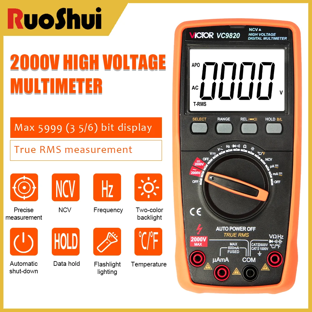 

New 9820 2000V High Voltage Multimeter 5999 Bit Display True Measurement AC/DC Temperature NCV Tester Backlight Display
