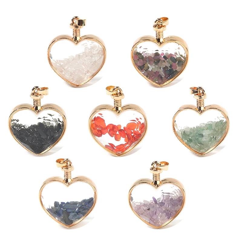 1 Pcs Heart Glass Pendants 42.5x34x14.5mm Nature Stone Charm Metal wrap Green/Black/Red/purple Pendant Jewelry Accessories