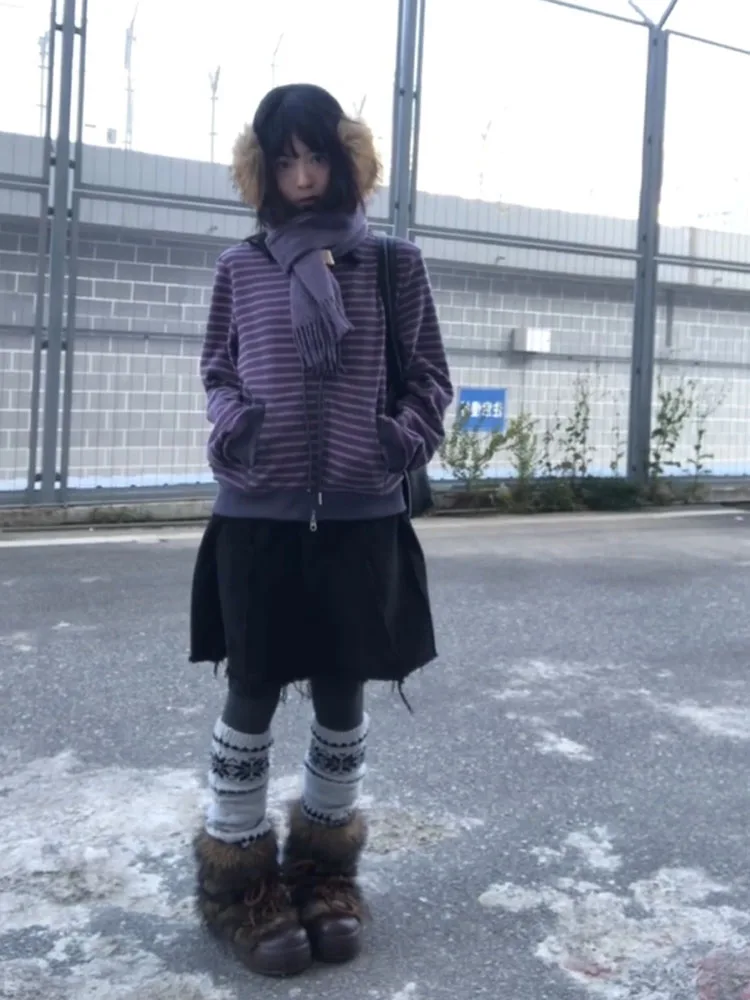 Retro y2k roxo listrado zíper hoodie feminino outono inverno carta bordado tamanho pequeno casual aberto cardigan jaet