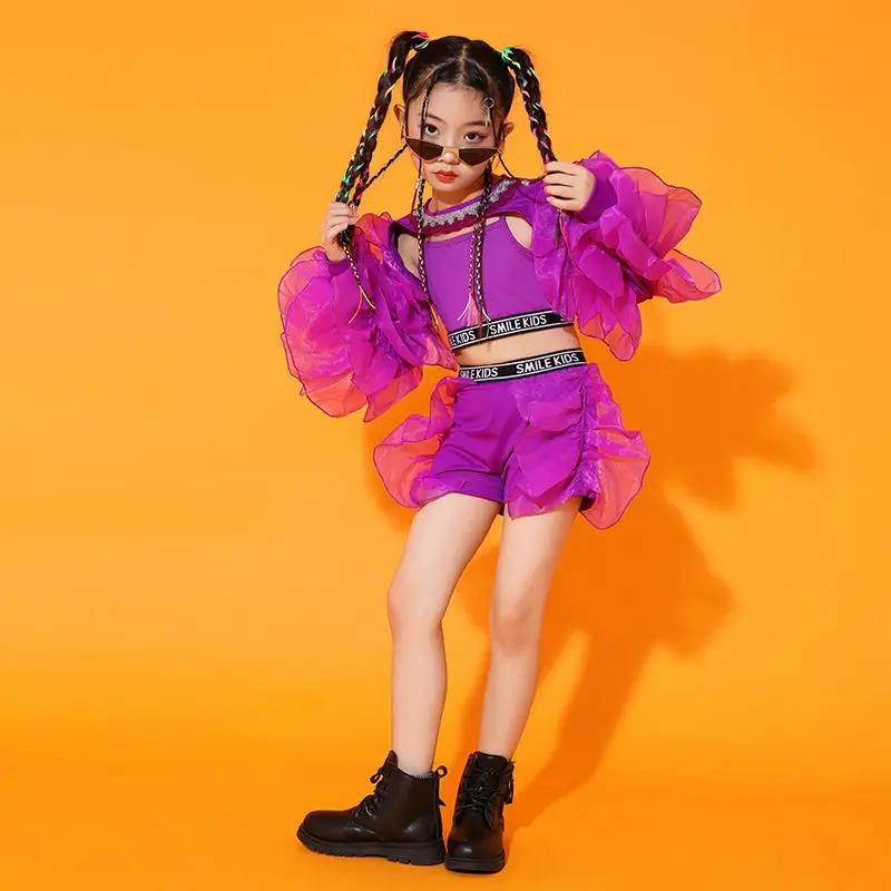 Dance Clothes Concert Stage Performance Wear 2023 New Girls Jazz Dance Costume Purple Fluffy Sleeves Suit Kids Hip Hop
