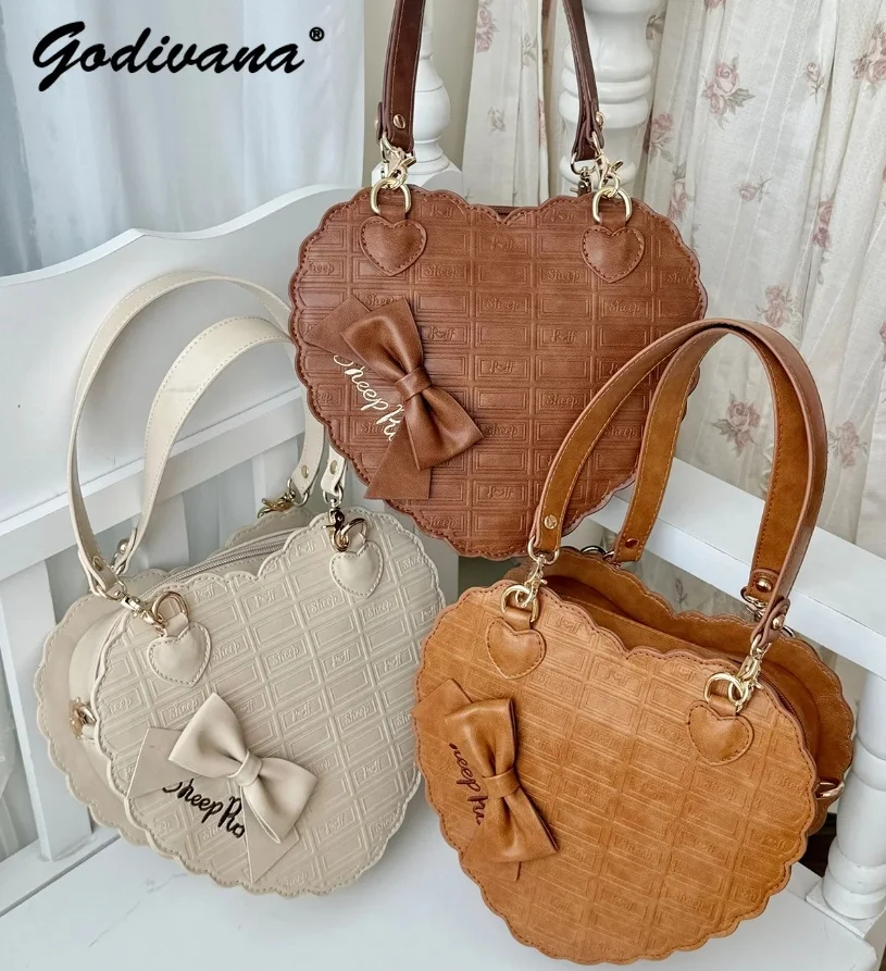 Chocolate Pattern Heart Shape Bag Sweet Girls Women's Lolita Satchel Bag Satin Butterfly Lace Totes Handbags