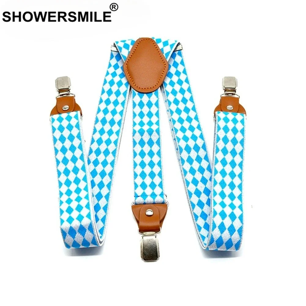 

SHOWERSMILE Argyle Men Suspenders Blue White Plaid British Braces for Trousers High Quality Straps Male Fashion Belt 120cm*3.5cm