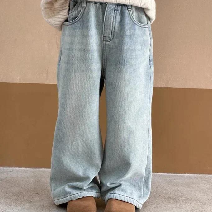 Jeans de perna reta estilo coreano para crianças, calças de perna larga, soltas, estrangeiras, casuais, simples, roupas de menina, novas, outono, 2022