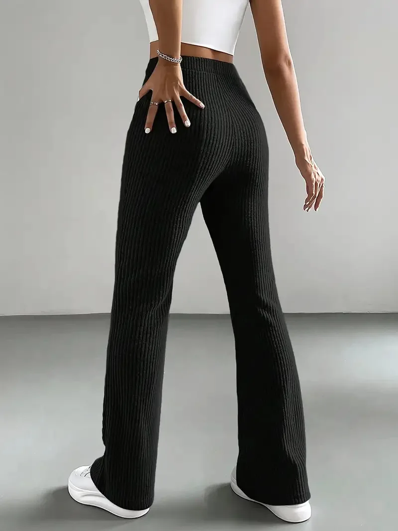 Flared pants for women, solid color casual pants, ribbed knitted, fashionable, versatile and slimming long pants