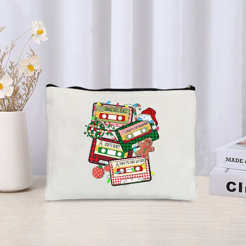 Santa Claus Tree Printed Canvas Cosmetic Bag Organizer Zipper Storage Pouch Office Supplies Pencil Case Halloween Christmas Gift