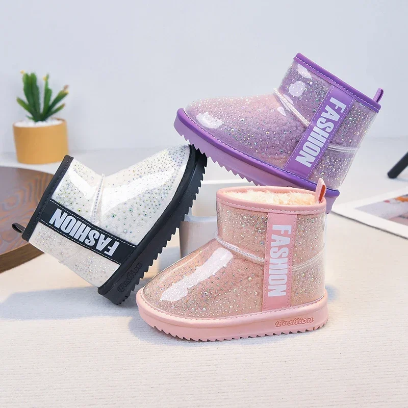 Toddler Girls Shiny Glitter Snow Boots, Fleece Lined Pull‑On Thick Sole Winter Warm Ankle Boots