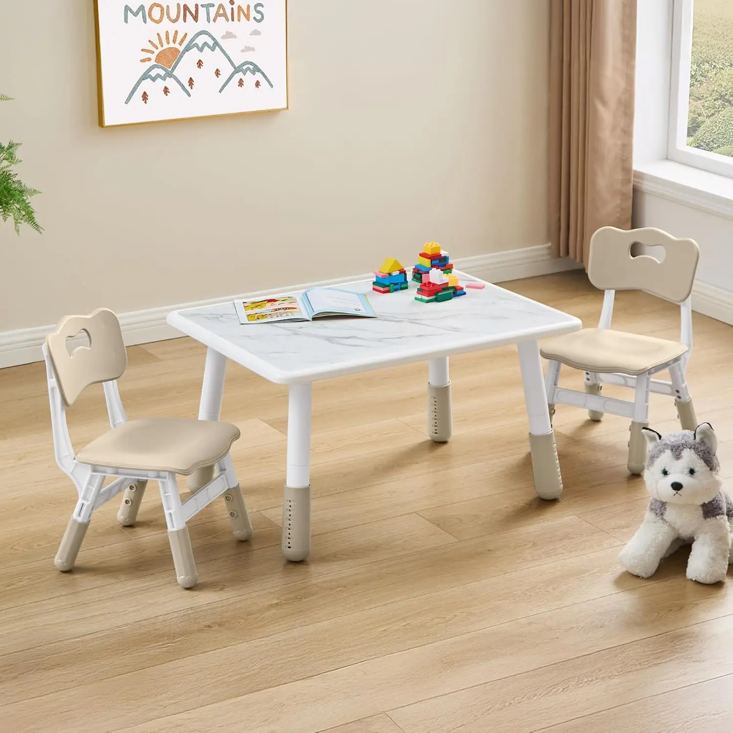 

Toddler Table and 2 Chairs Set, Height Adjustable Kids Table and Chairs, 31.5''L x 23.6''W, Marble Pattern & Graffiti Desktop