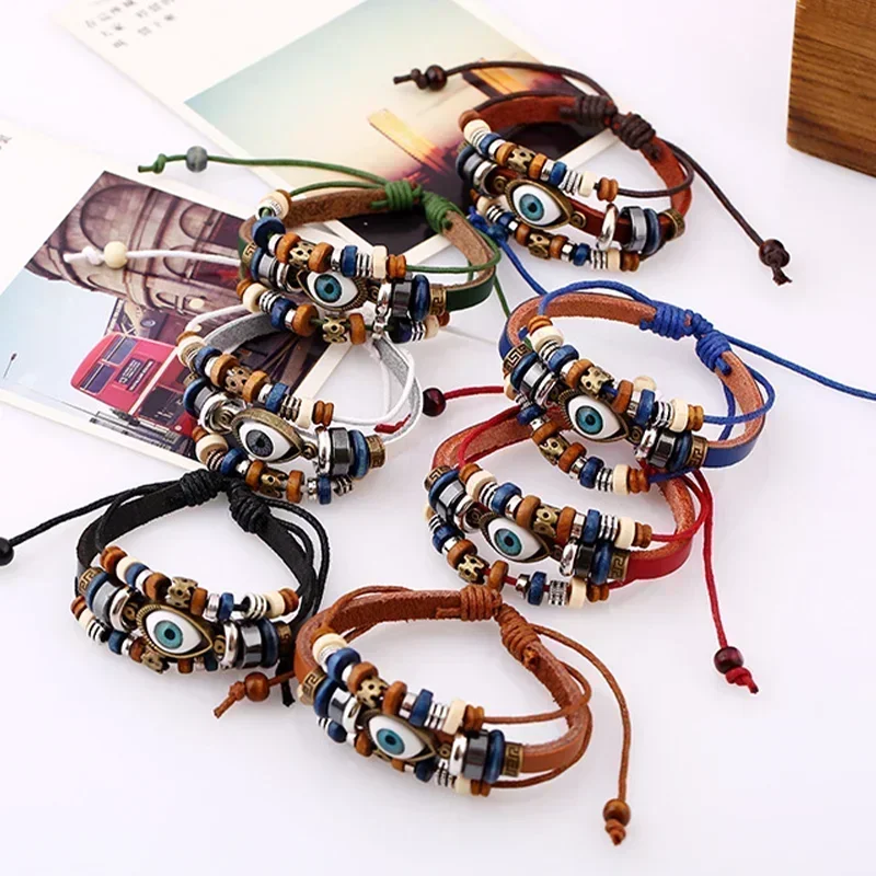 Boho Gypsy Hippie Design Leather Rope Eye Bracelet Brown Multi-layer Cow Leather Woven Beaded Bracelet Unisex Adjustable Jewelry