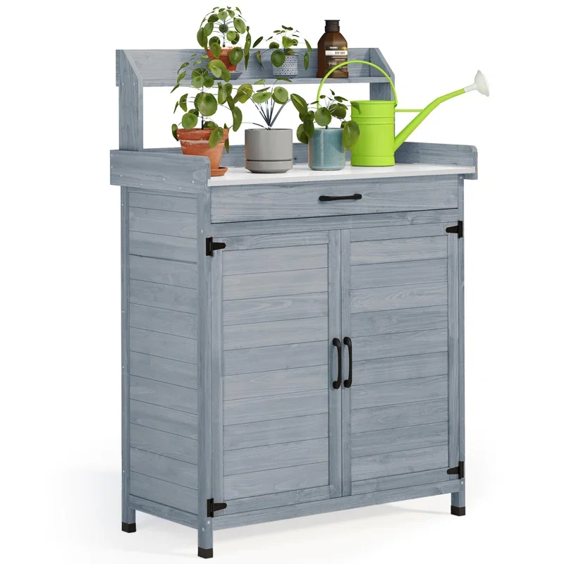 Outdoor Garden Potting Bench Metal Work Table with Cabinet Drawer & Removable Plate Bookcase Category Product
