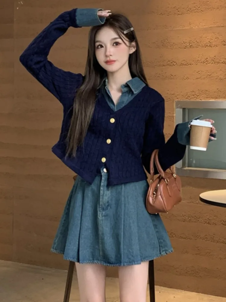 Korean Style Skirt Set 2 Piece Sets For Women Patchwork Knitted Fake Two Pieces Top Denim Skirt Slim Fashion Suit Spring Autumn