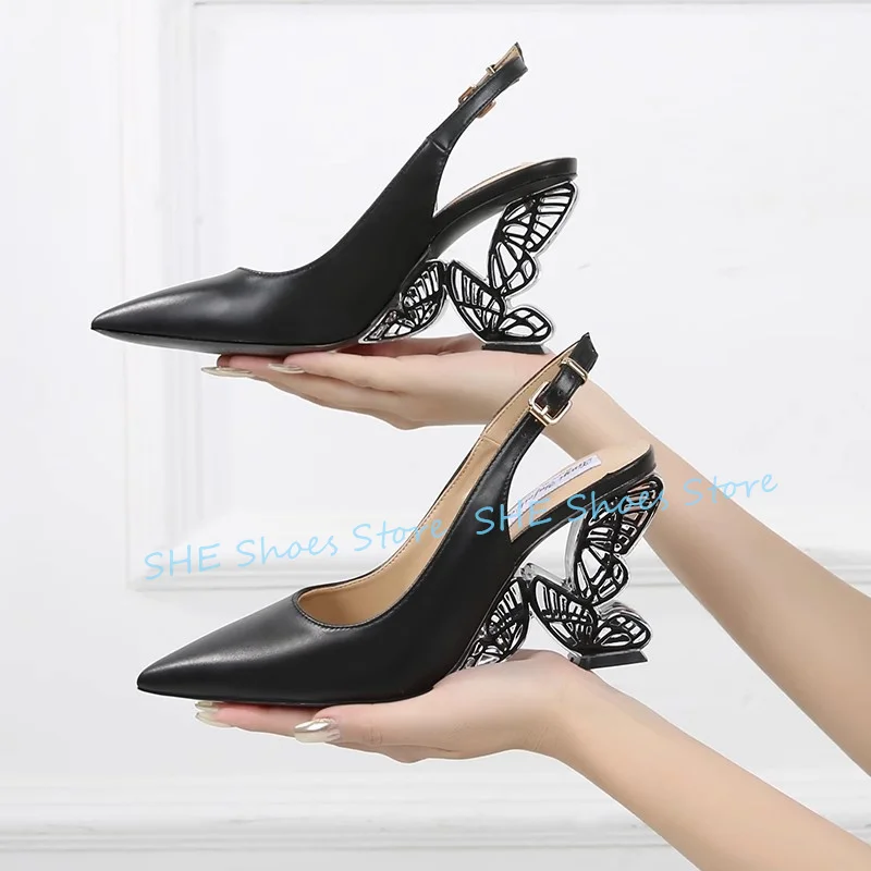 

Fashion Hollow Out Butterfly Strange Heel Women Pumps Pointed Toe High Heel Genuine Leather Sandals Ladies Party Dress Shoes