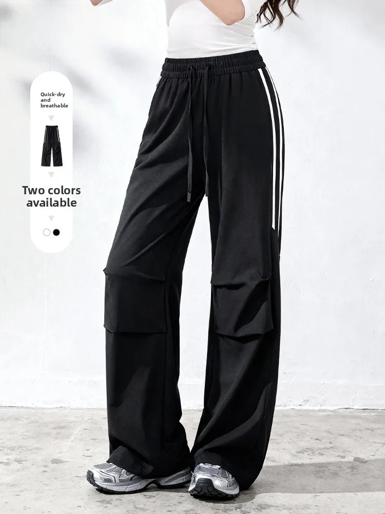 

MJsle Ladies Wide Leg Pants Striped Spor Qui Dry Cool Feeling Summer New Arrival Casual Sle l Waist Trousers