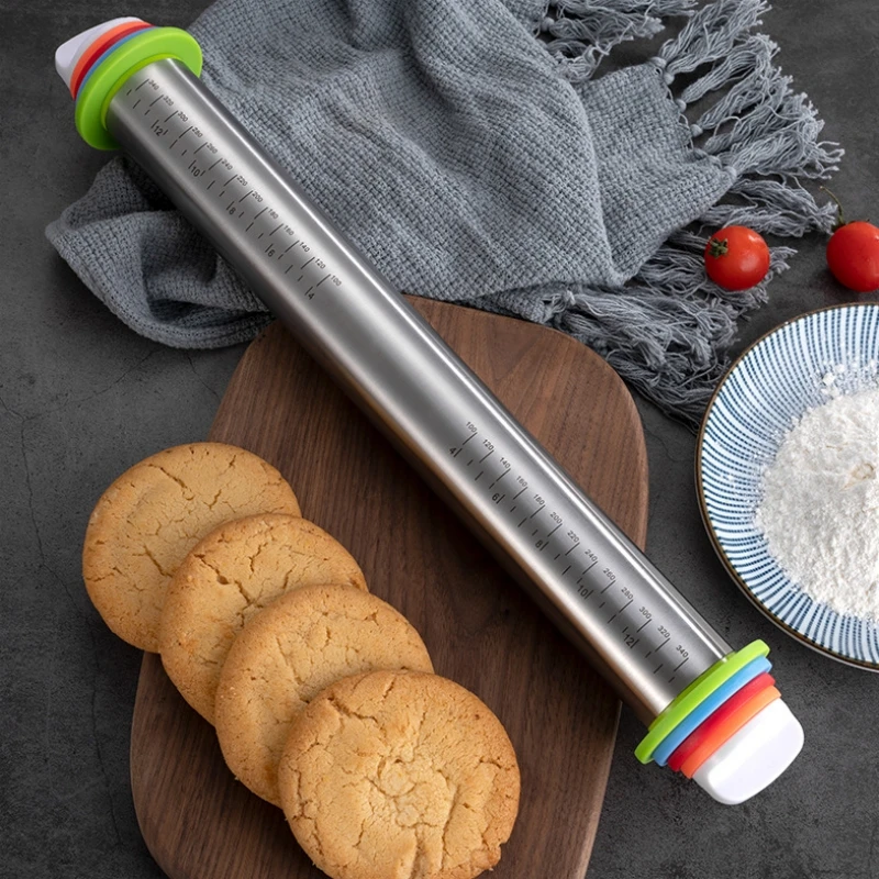 Adjustable Stainless Steel Rolling Pin With Dough Mat Dough Roller with 4 Removable Adjustable Thickness Rings Baking Pastry Mat