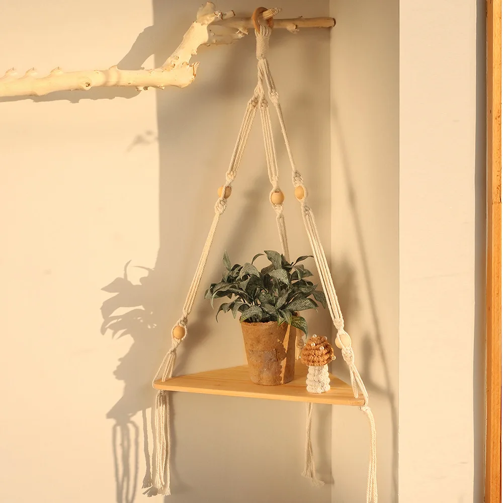 

Bohemian Style Cotton Rope Hand-woven Shelves Triangular Wooden Planks Home Residential Hostel Decorative Flower Pots Storage