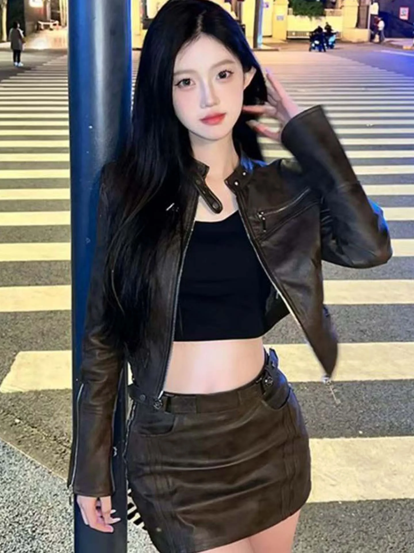 

Slim Fit Biker Jaet ort Sle Women's Faion Spring New Hot Girl PU Leather Coat Zipper Closure Straight Hem Daily Wear