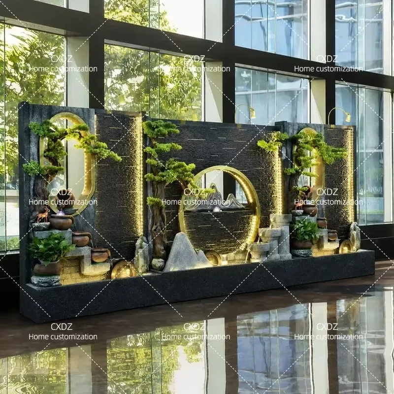 Large Hotel Lobby Courtyard Water Curtain Wall Rockery Flowing Water Fountain Feature Wall Screen Ornament Landscape View