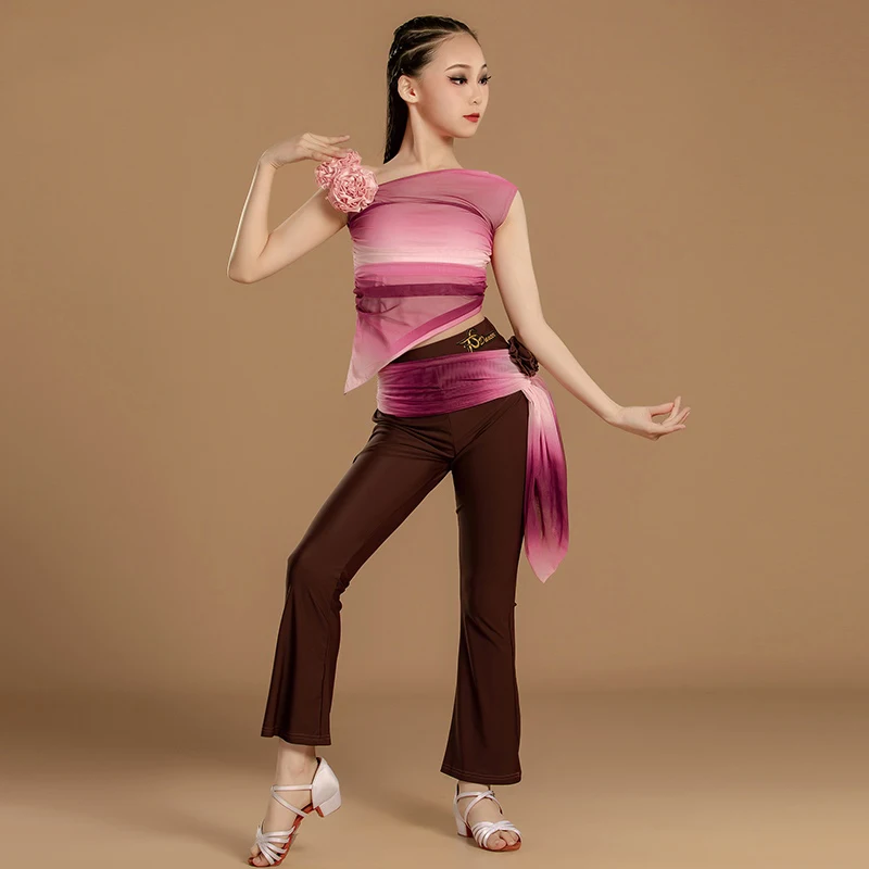 

2025 Latin Dance Performance Costumes Gradient Mesh Tops Pants Suit Chacha Samba Rumba Latin Dance Competition Cloths DN20286