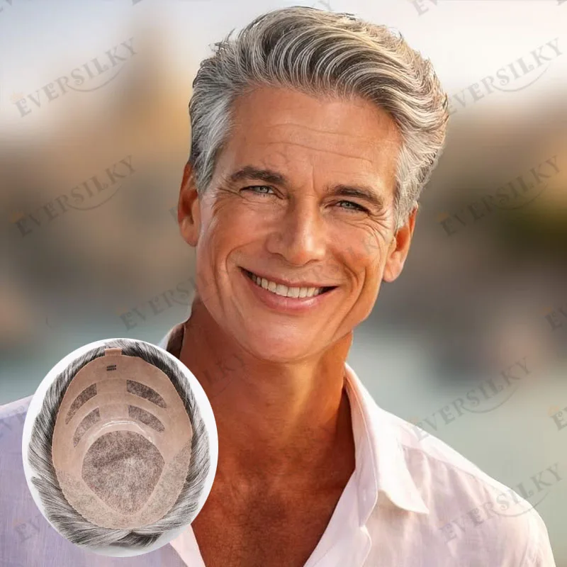 

6-дюймовая натуральная линия роста волос # 540 # 565 # Мужской парик-накладка 510 из натуральных волос (коричневый с серым) для пожилых мужчин, сверхпрочная основа NPU, суперстойкое крепление