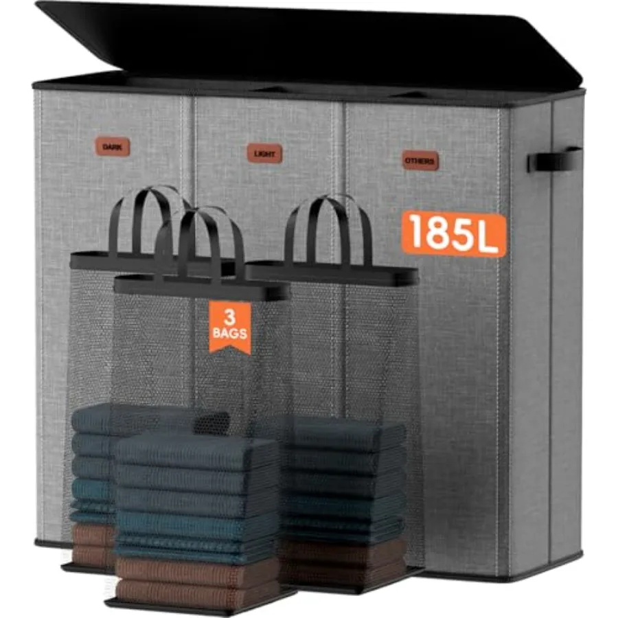 

Корзина для белья на 185 л, 3 секции, с крышкой, для грязной одежды, с 3 съемными мешками для стирки, очень большая