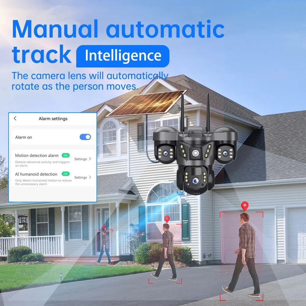 واي فاي كاميرا تعمل بالطاقة الشمسية عدسة ثلاثية 10X كاميرا زووم في الهواء الطلق شاشة ثلاثية تتبع السيارات المنزل الذكي V380 كاميرا CCTV لاسلكية مقاوم للماء #3