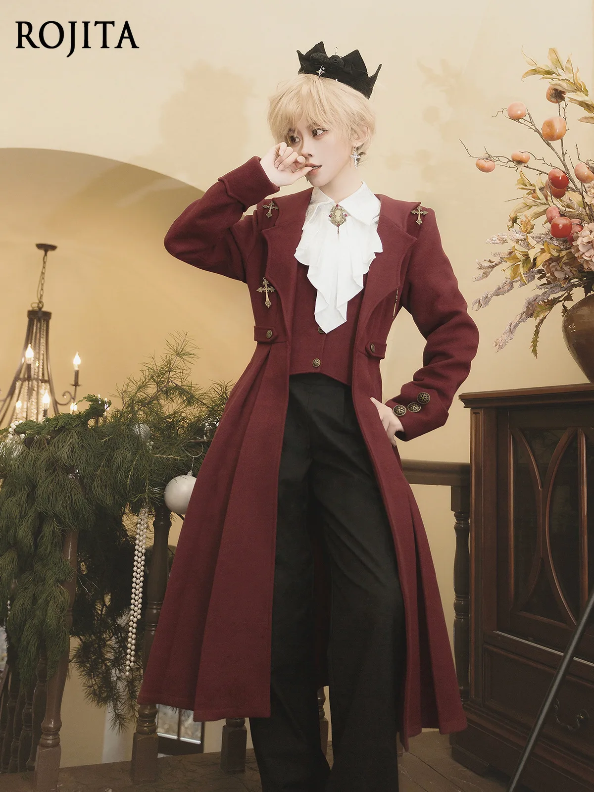 

2025 New Original Gothic Style Lolita Prince Series Coat Dark Red Ruffled Hem Long Coat Autumn Winter High Waist Slim Fit Coat