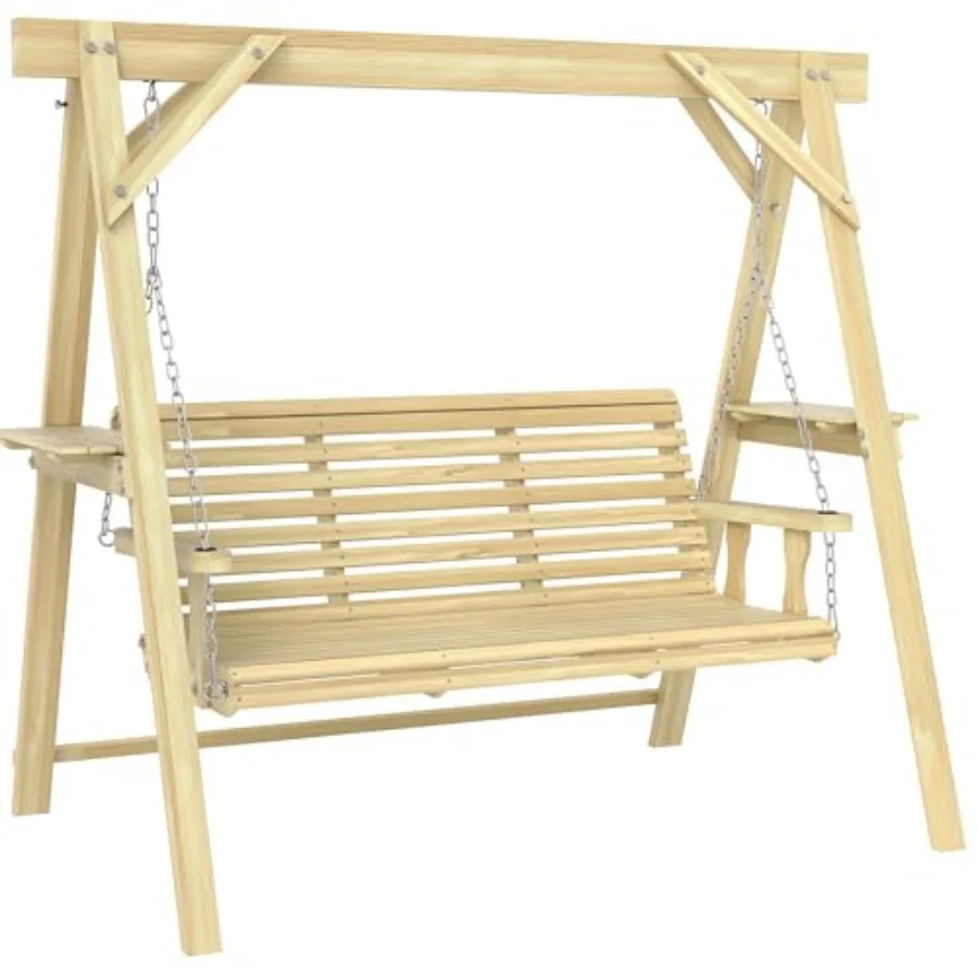 

Трехместные садовые качели с подставкой из натурального дерева, уличная скамья-качели для сада, зоны у бассейна, заднего двора, с боковыми столиками и металлическими цепями