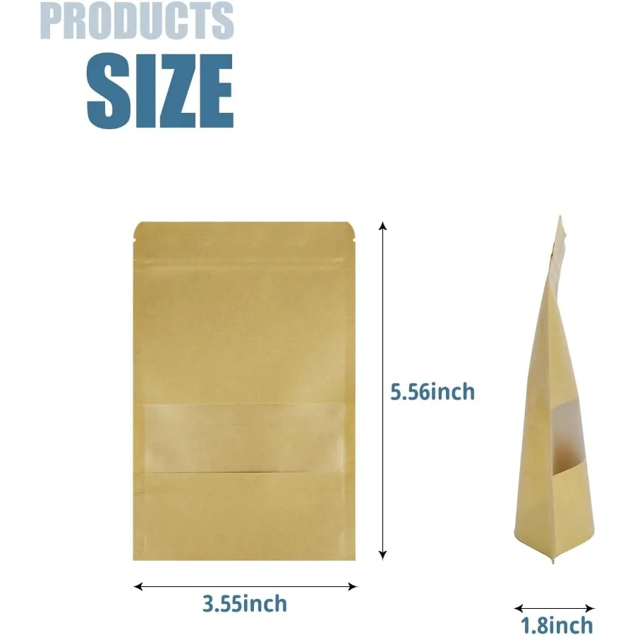 30 Pcs Kraft Paper Bags With Window 3.5 x 5.5 Ihes Sealable Treat Pouches Food Storage Stand Up Zip Lock for Scks Coffee Spices