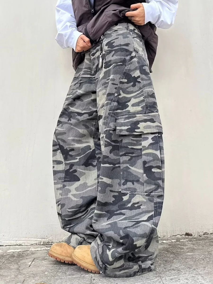 

Retro American Camouflage Denim Pants Men's Women's Baggy Knife Wide Leg Long Trousers Couple's Trendy Jeans