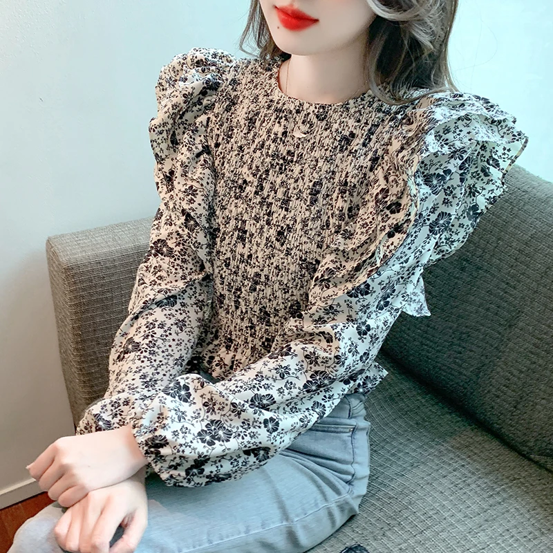 

2024 Autumn New Lotus Leaf Lace Waist Cinching Floral Chiffon Long Sleeved Shirt with Women's Design Sense Top Female Clothing