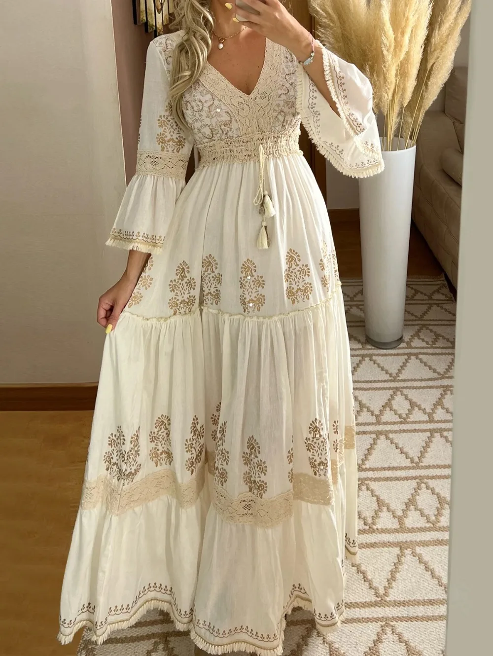 Damen Sommer Boho Blumenmuster Langes Kleid Sexy V-Ausschnitt Kleider Weibliches Strand-Urlaubskleid Elegantes Vintage-Kleid für Damen
