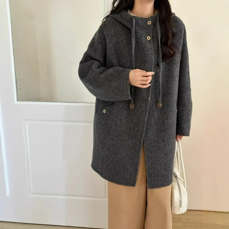 Double-sided Wool Coat Women Mid-length Korean-style Loose Hooded Casual Double-sided Tweed Thickened Wool Coat Autumn Winter