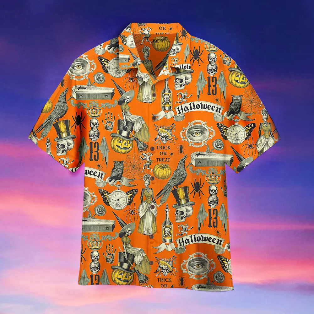 Hawaiian Shirts for Men and Women Helloween Orange Shirts Beach Short Sleeve Summer Casual Button Up Shirts