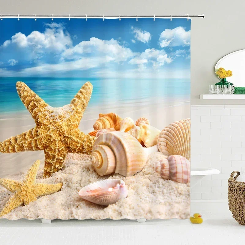 Seascape Beach Shower Curtains Bathroom Shower Curtain 3D Fabric Curtain Waterproof Curtain Easy to Install, Smooth and silent