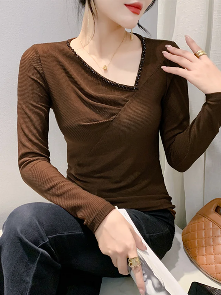 

Winsleter Streetwear Tshirt Long Sleeve Tees Women Sexy V Necks Hand Made Beaded Ruched Slim Mesh Tops Autumn T39769JM