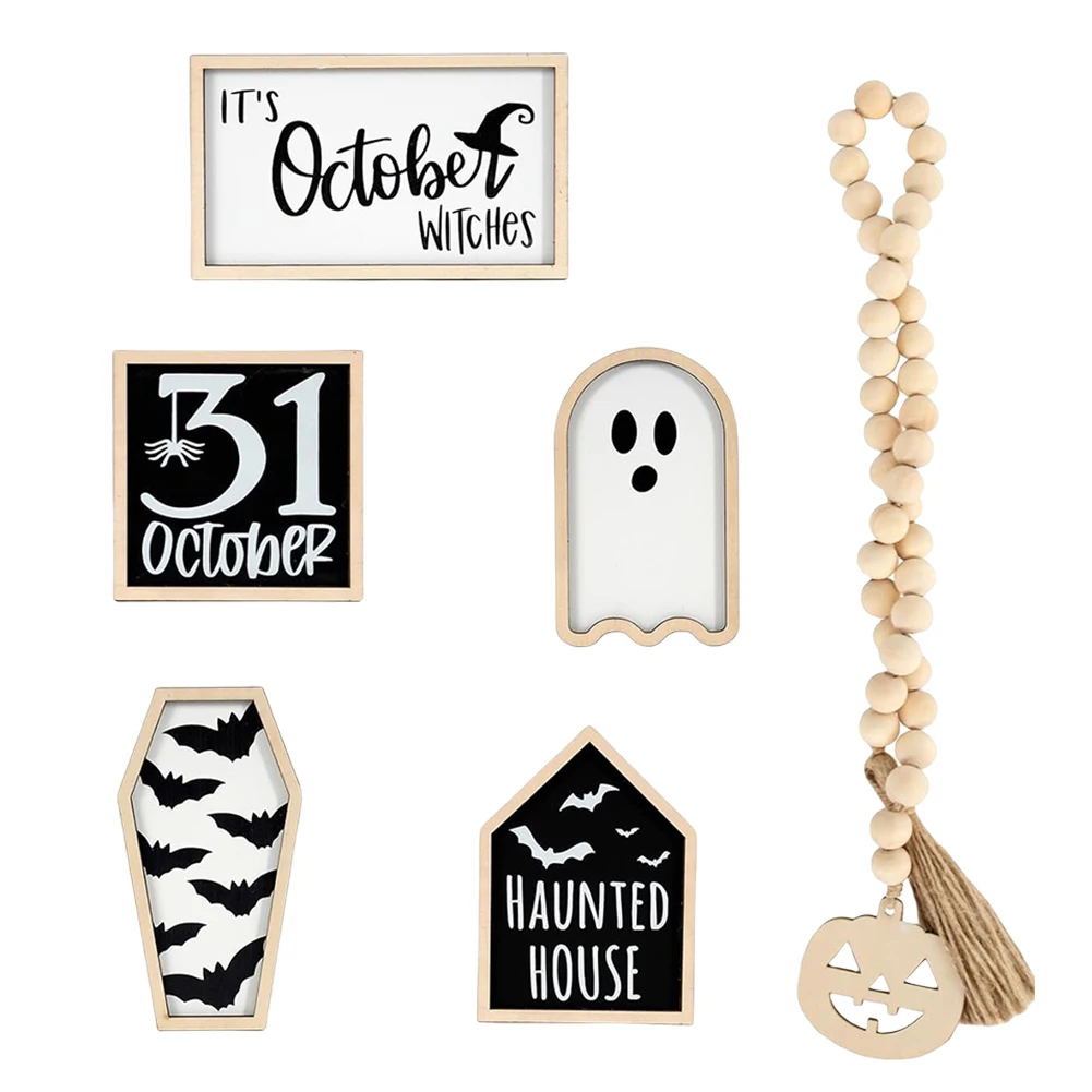 6Pcs Halloween Decoration Halloween Tiered Tray Decor Set Bat Coffin Haunted House Ghost Halloween Sign Wood Table Decoration