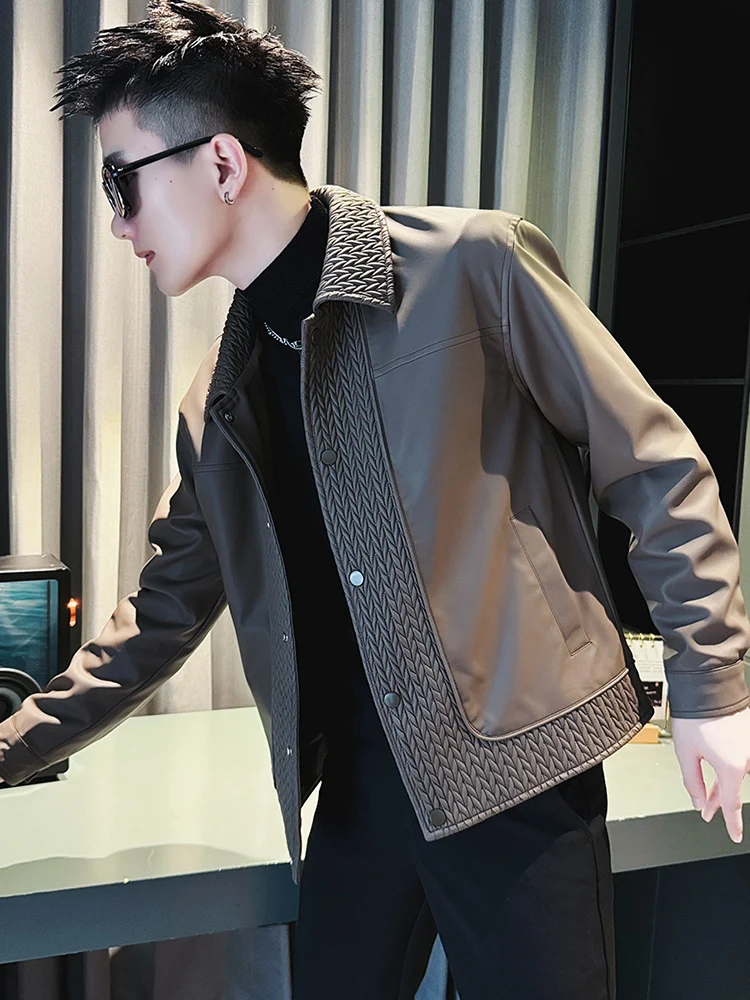 

Slim Fit Men's Leather Jaet Trendy Brand New Sle Spring Autumn Outerwear Youth PU Leather Polyester Fce Lined Biker Ja...