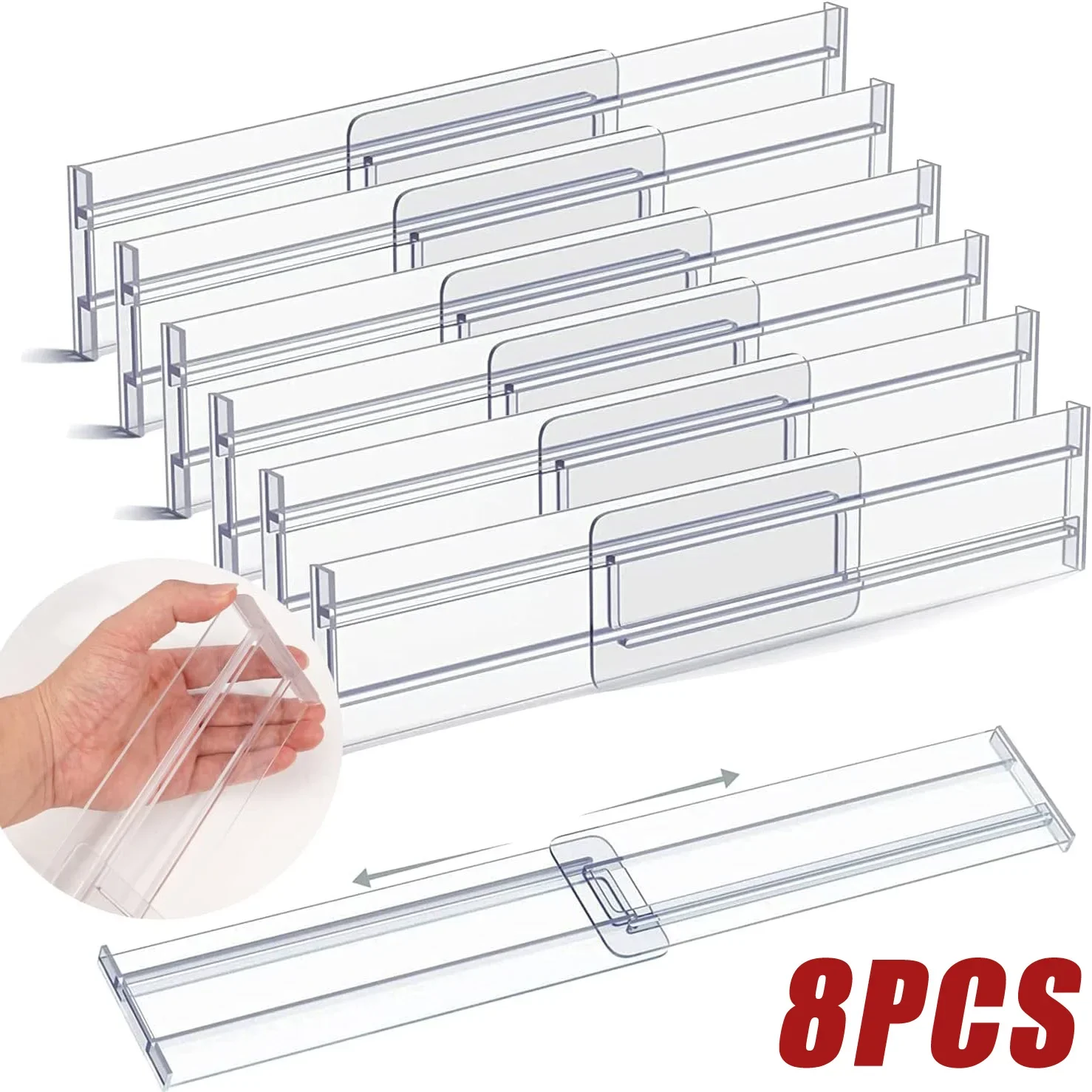 2/4/8PCS Clear Drawer Dividers Organizer Adjustable Cabinet Storage Clothes Organizer Drawer Separators Kitchen Drawer Organizer