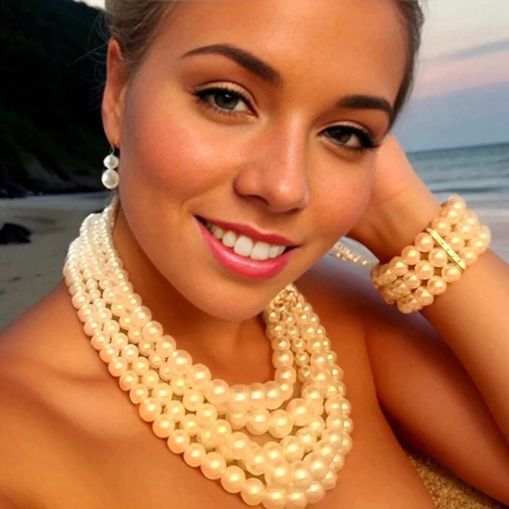 4pcs Trendy Elegant Bridal Jewelry Set Imitation Pearl Handmade Beaded Necklace Bracelet Earring Set Women's Party Accessories