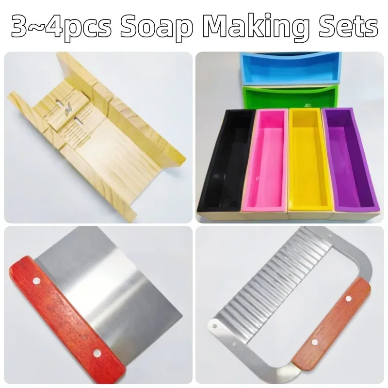 

3~4pcs/set Soap Making Tools Wood Cutting Box+1200ml Silicone Mold+Straight Blade+Wave Blade DIY Soap Set Manual Soap Supplies