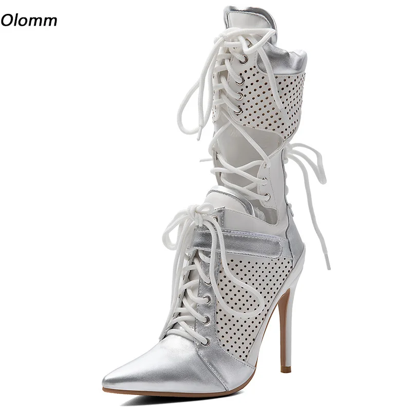 Olomm Women Pointed Toe Mid Claf Booties Hollow Out  Lace Up Stiletto High Heel Spliced Metallic Silver Fashion Nightclub Shoes