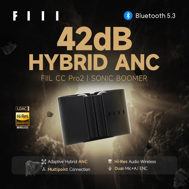 English Version FIIL CC Pro2 Hi-Res LDAC 42dB Hybrid ANC TWS Earbuds Wireless Bluetooth 5.3 Headphones Connection 2 Device