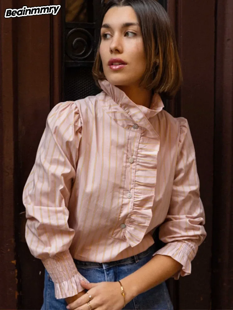 シックなピンクのストライプのブラウス,スタンドアップカラー,フリル,長袖,シングルブレスト,レディースファッション,通勤オフィストップ,新しいコレクション2025