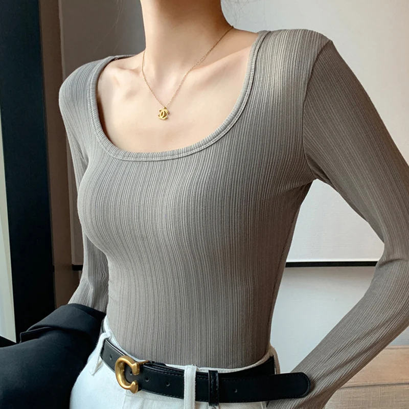Tops tejidos con cuello en U para Mujer, camisa sencilla de Color sólido que combina con todo, ropa de calle coreana, camisa de estilo suave, moda de otoño