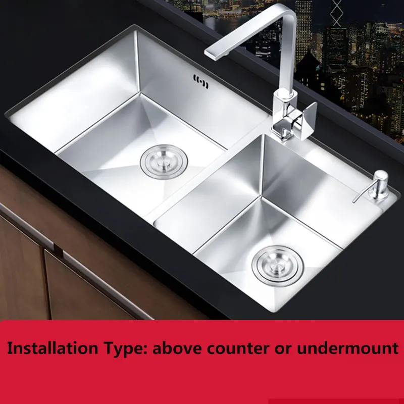 kitchen sink double bowl brushed 304 stainless steel above counter or udermount vegetable washing basin sinks kitchen