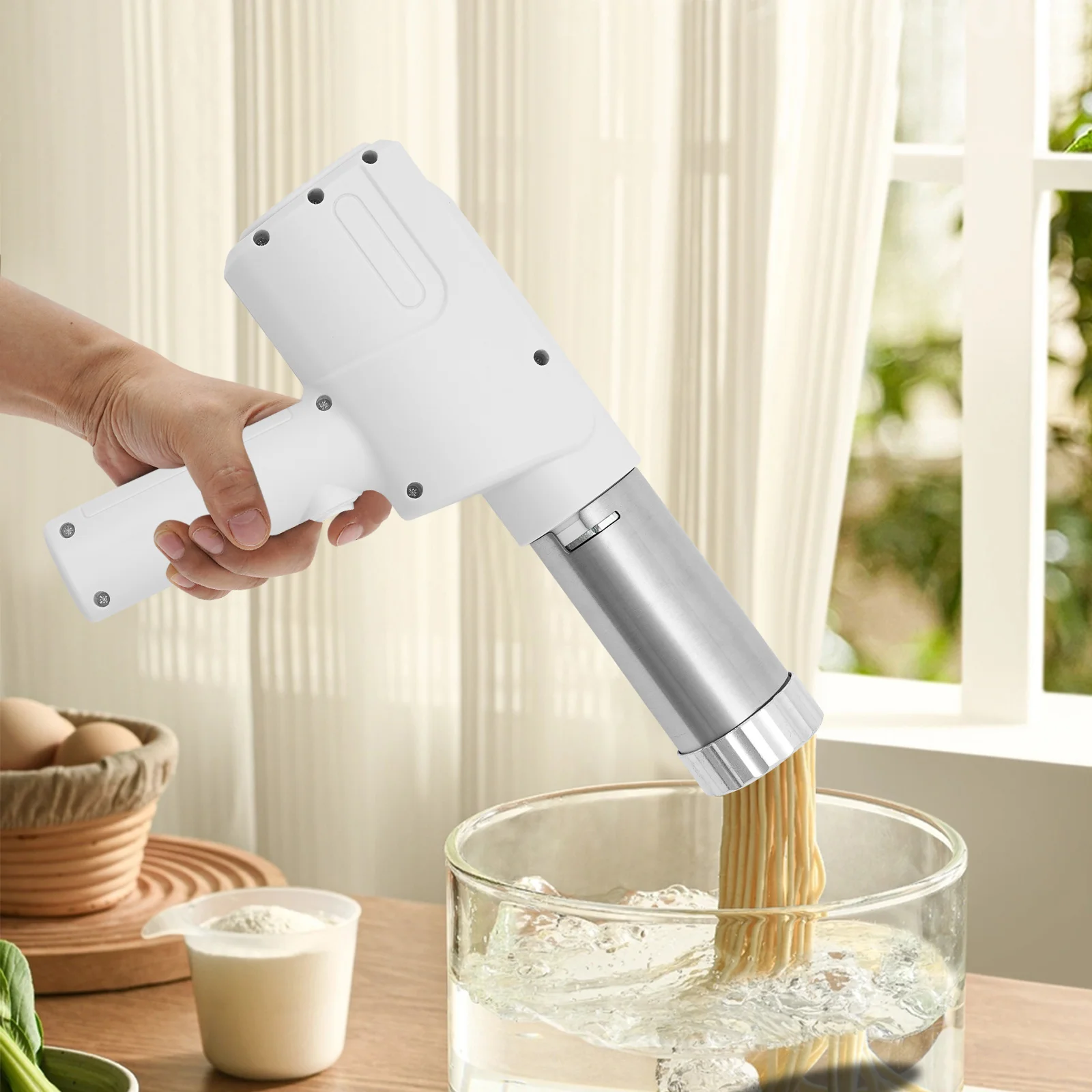 ハンドヘルド電気パスタメーカー、40W自動ステンレス鋼コードレスポータブル家庭用製麺機キッチンレストラン用