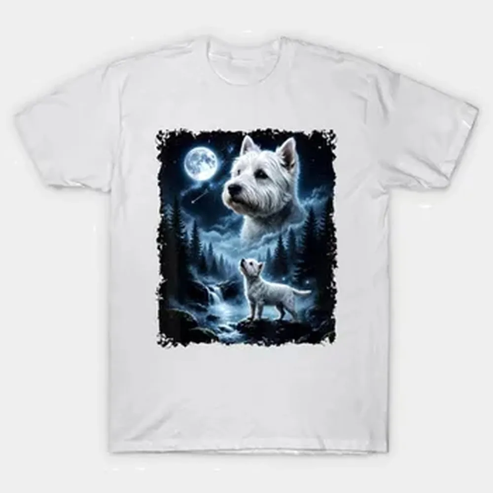 West Highland White Terrier Howling At The Moon T-shirt For Men Women 100% Cotton T Shirts Short Sleeve