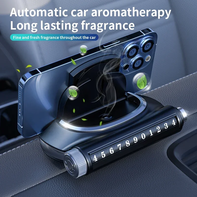 Car mounted multifunctional aromatherapy with air outlet, embedded parking number plate safety hammer, car bracket