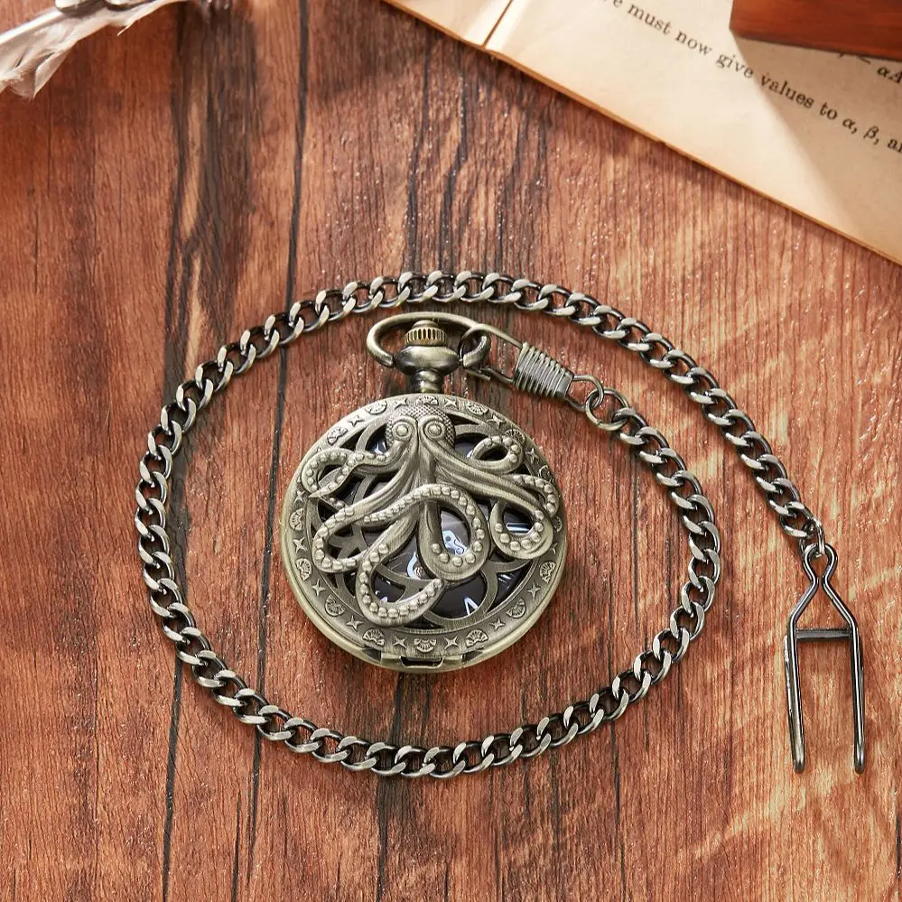 Gold Octopus Mechanische Zakhorloge Steampunk Skeleton Hand-Wind Flip Klok Fob Horloge Met Ketting Voor Mannen Vrouwen Collectie