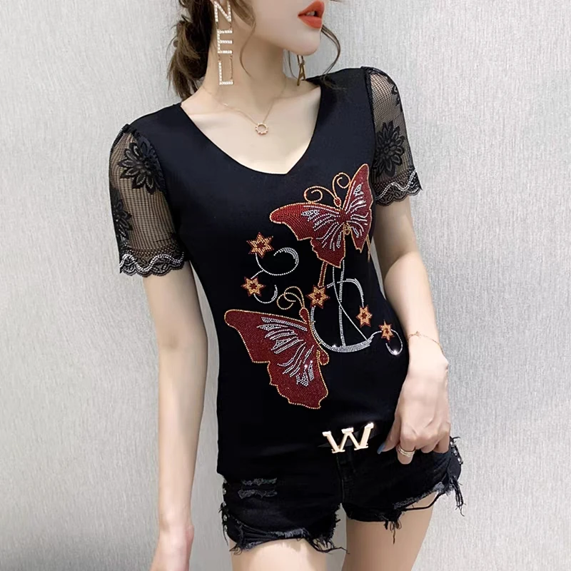 High-End Summer Fashion Korean Clothes T-shirt Chic Butterfly Diamonds Mesh Women Tops Sexy Hollow Short Sleeve All Match Tees